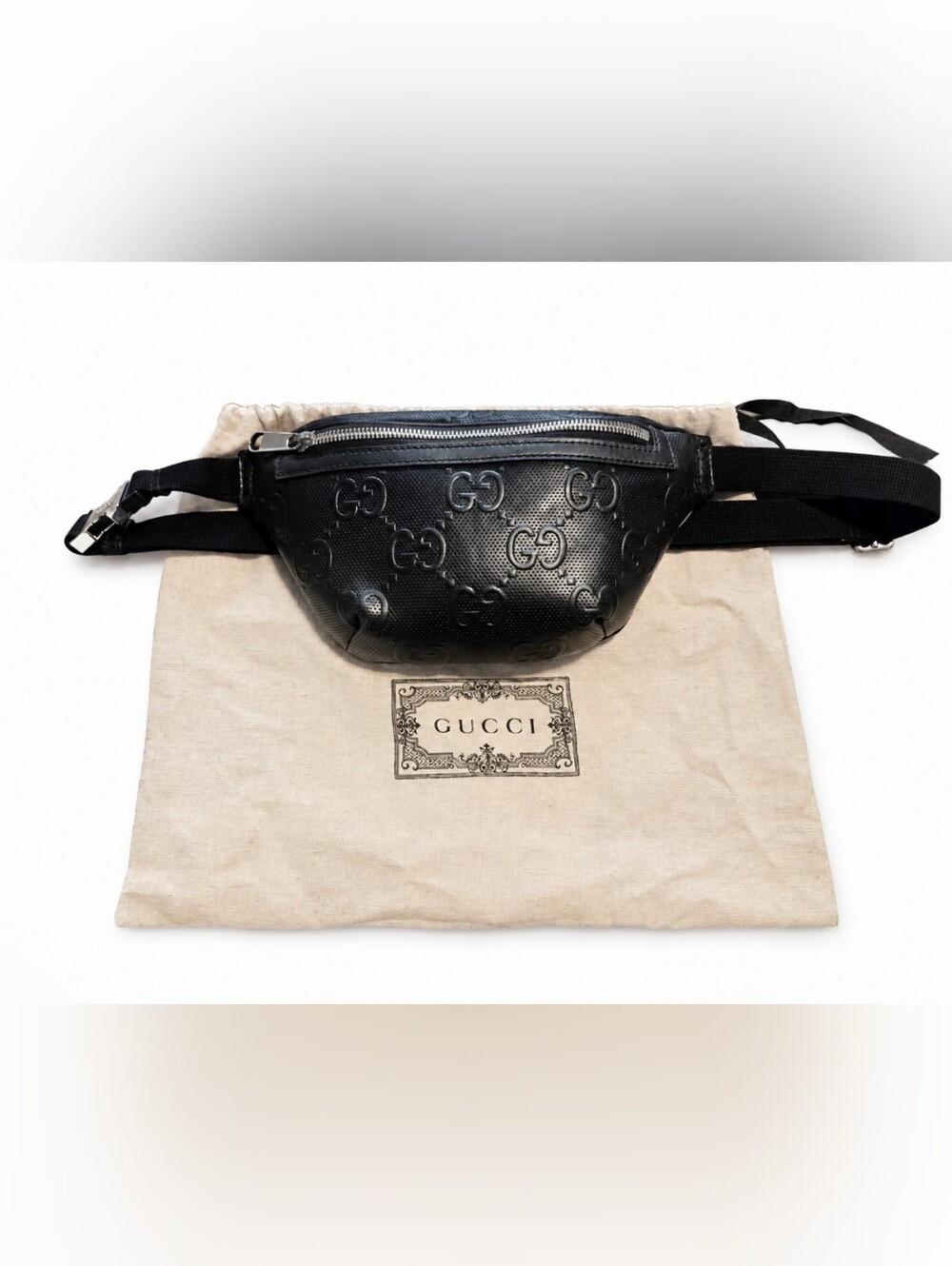 Gucci Black Embossed GG Leather Belt Bag with Silver Zipper